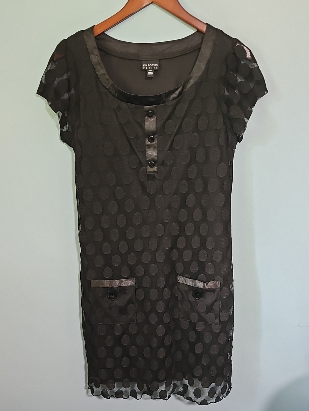 Enfocus stretchy black dress with sheer polka dots Size 14P